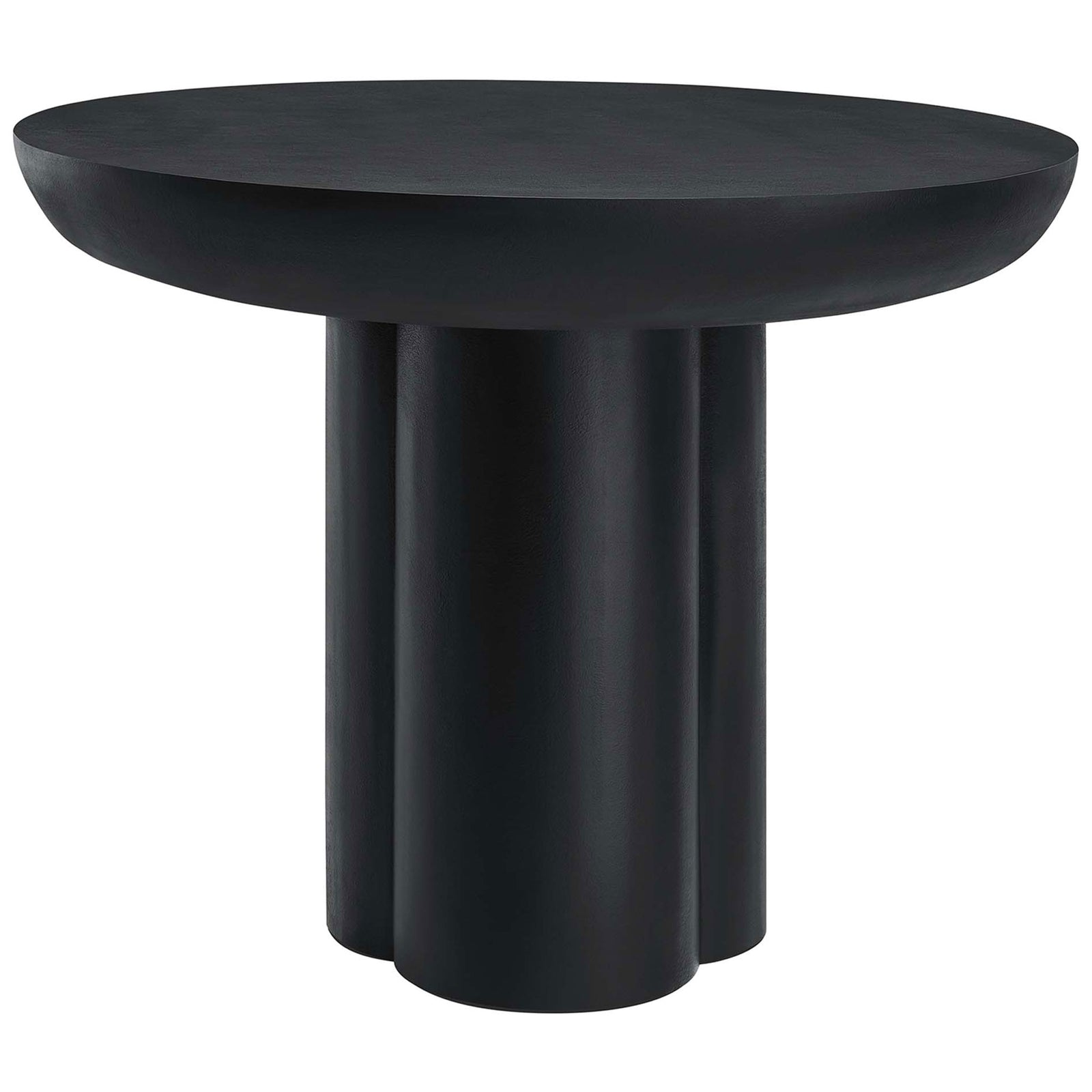 Black round dining table with sculptural trefoil pedestal base for a bold modern dining centerpiece || EEI-6762-BLK || front_studio