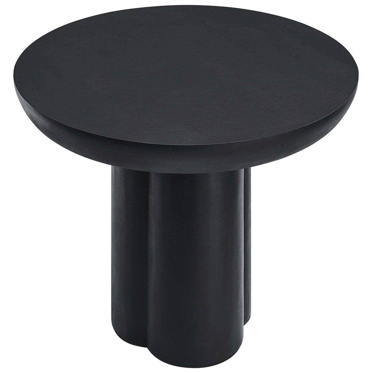 Modern black round dining table with thick concrete-look top and sturdy cylindrical base || EEI-6762-BLK || front_angle_studio