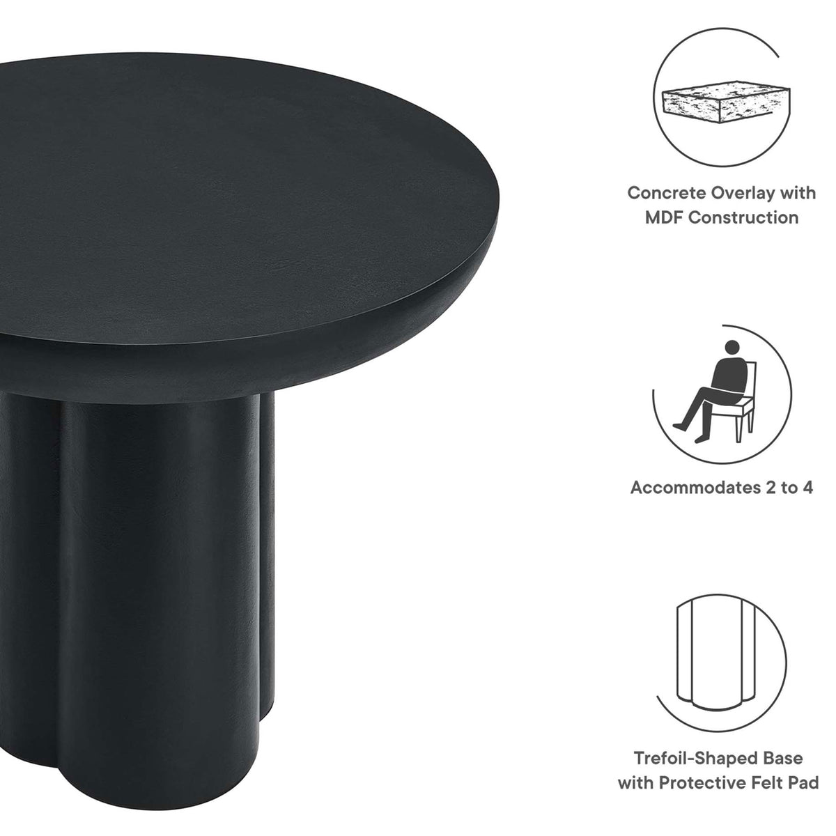 Feature callouts showing Caspian dining table construction, seating capacity, and trefoil base design || EEI-6762-BLK || callout_studio