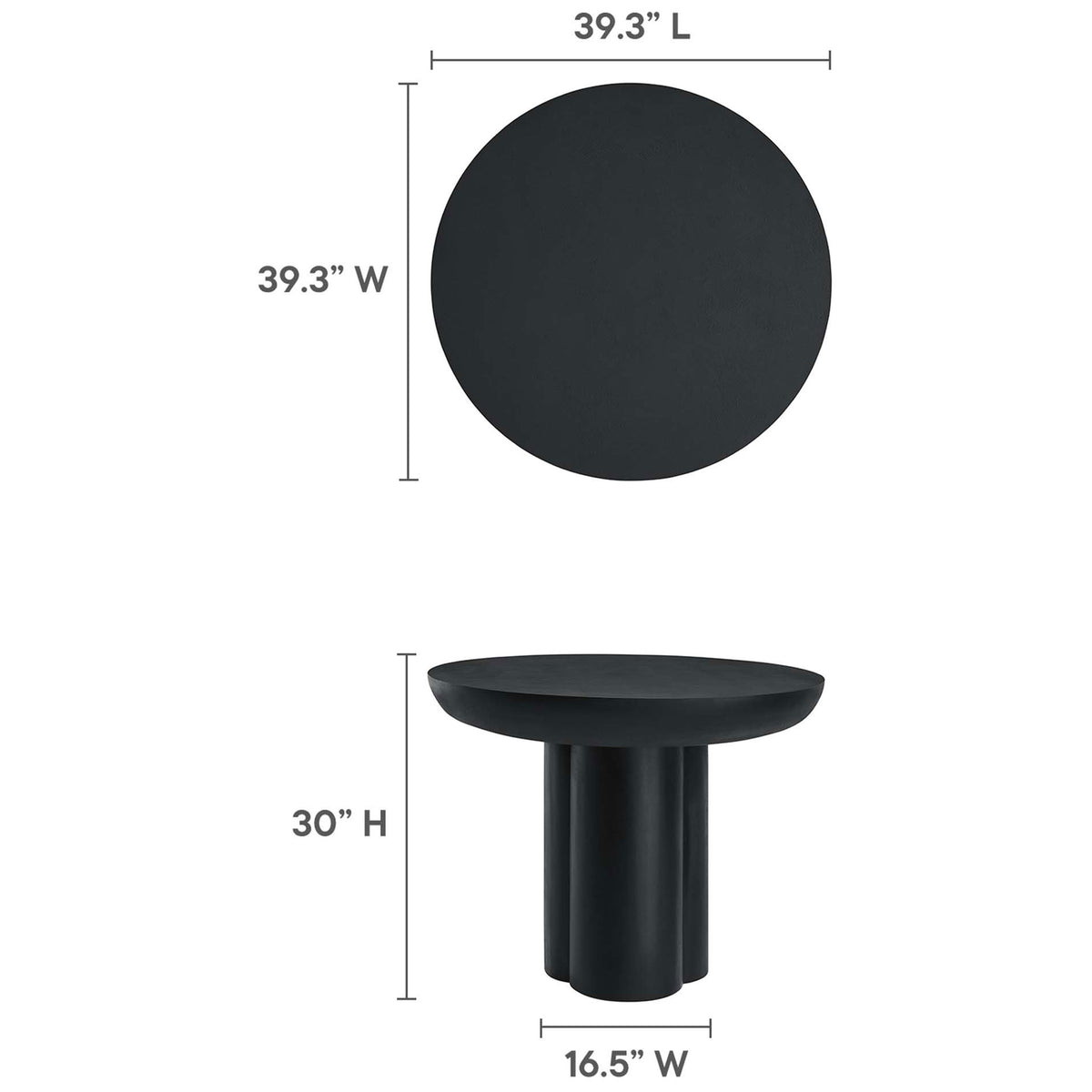 Dimension diagram of the round dining table detailing overall height and 39.3 inch tabletop diameter || EEI-6762-BLK || dimension_studio