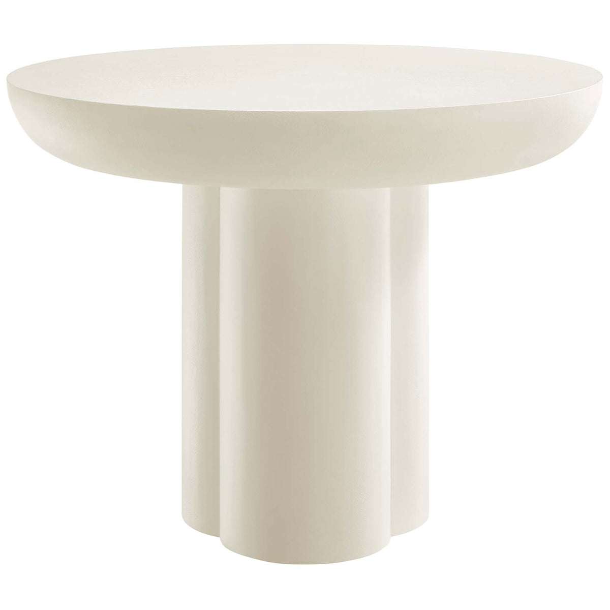 Caspian white round dining table with sculptural trefoil pedestal base and smooth concrete-look top || EEI-6762-WHI || front_studio