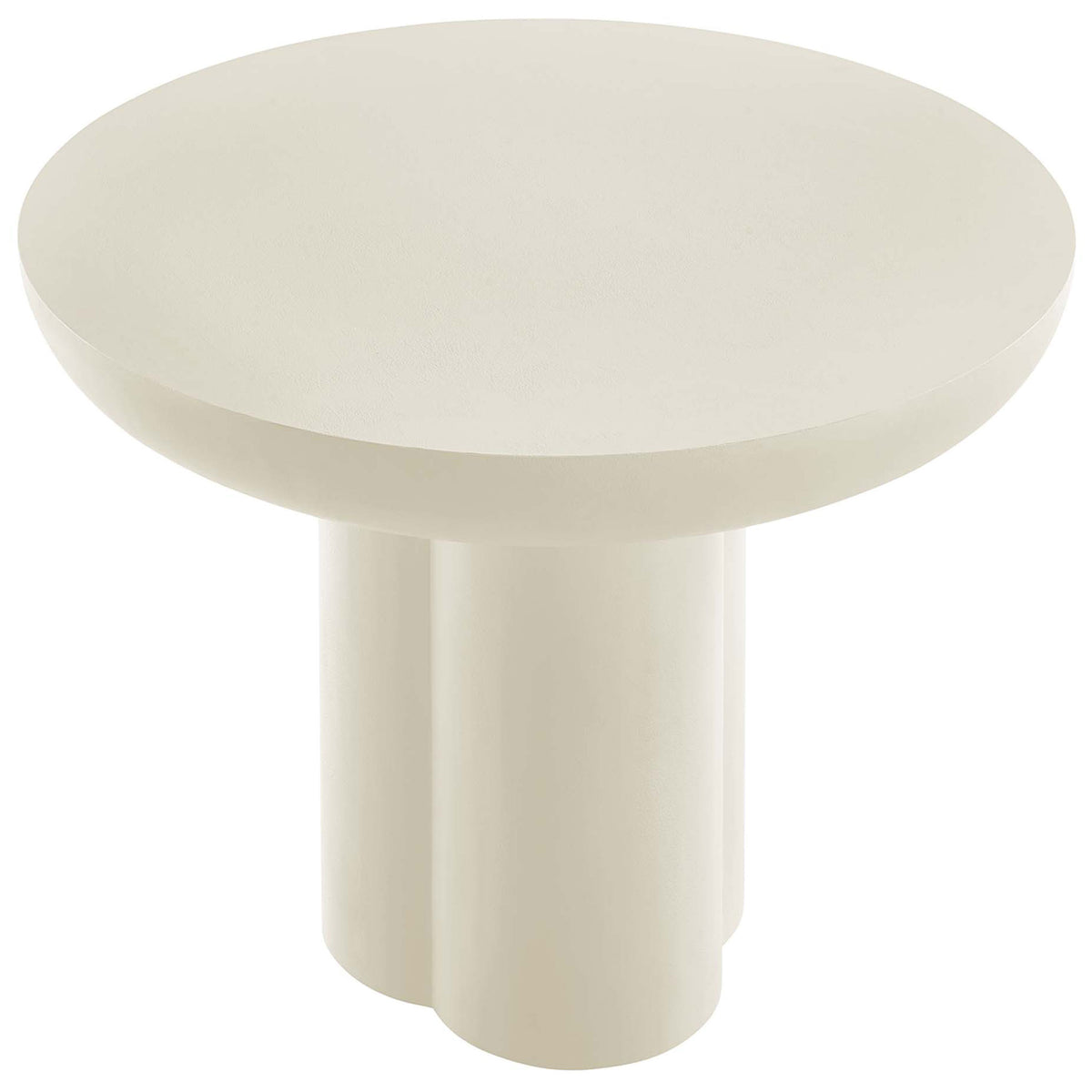 Modern white round dining table with thick chamfered top and trefoil pedestal for chic small-space dining || EEI-6762-WHI || front_angle_studio