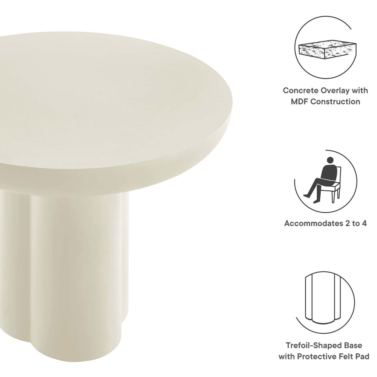 Caspian dining table highlighting concrete overlay top, trefoil pedestal base, and seating for two to four || EEI-6762-WHI || callout_studio