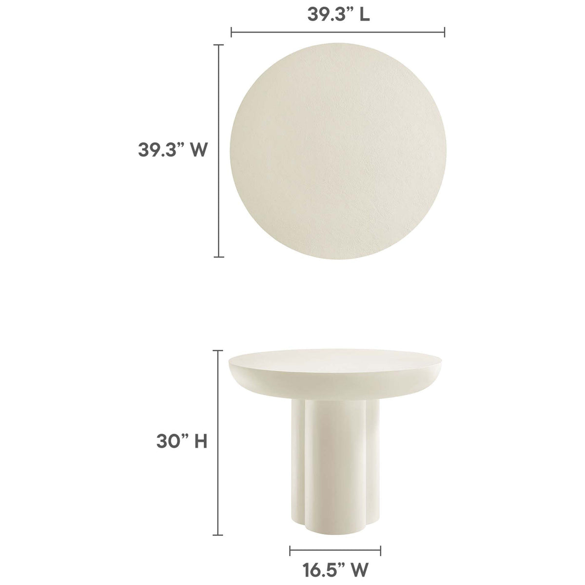 Dimensions of the Caspian 40 inch round dining table showing tabletop diameter, height, and trefoil base width || EEI-6762-WHI || dimension_studio
