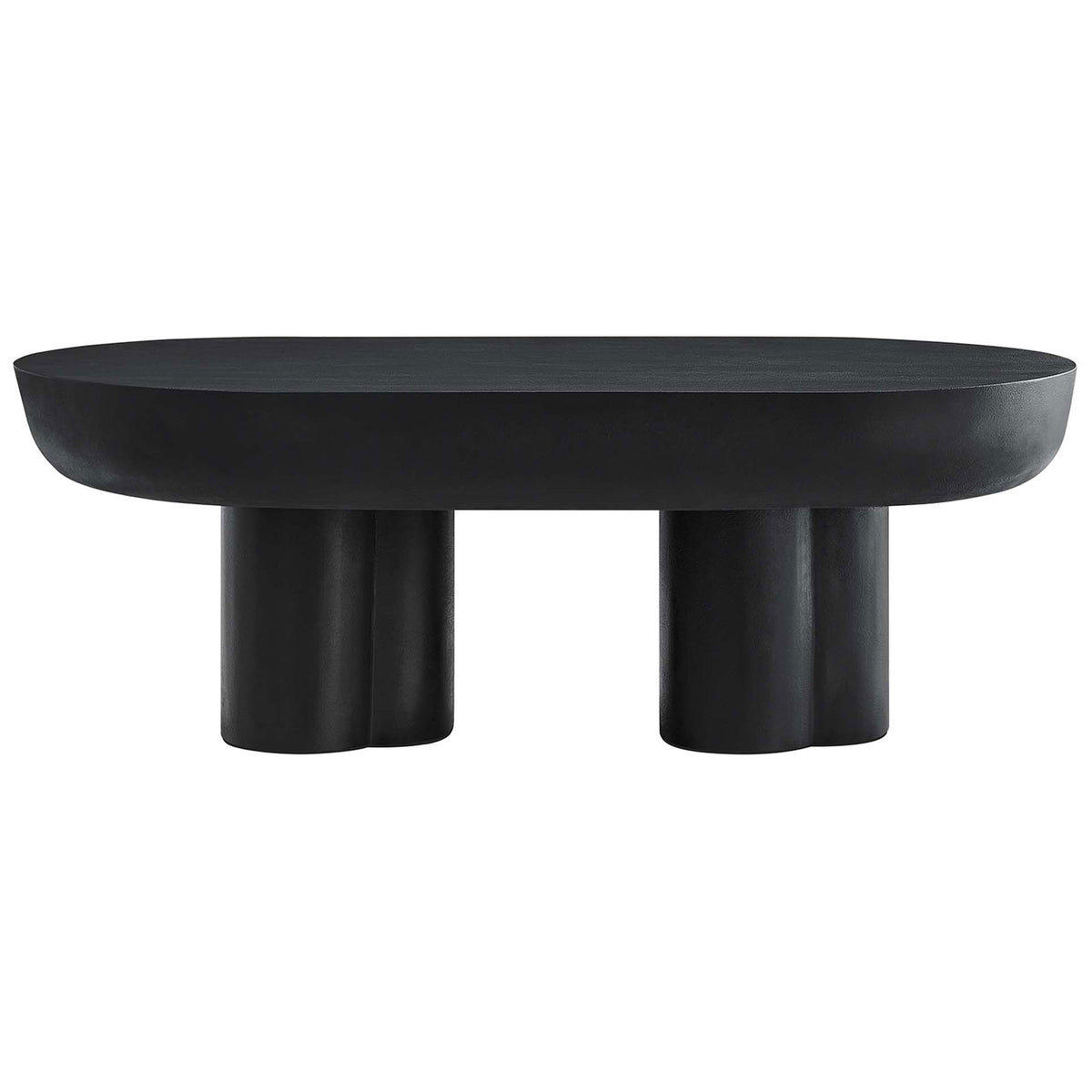 Sleek black oval coffee table with trefoil double pedestal base and concrete overlay finish || EEI-6763-BLK || front_studio