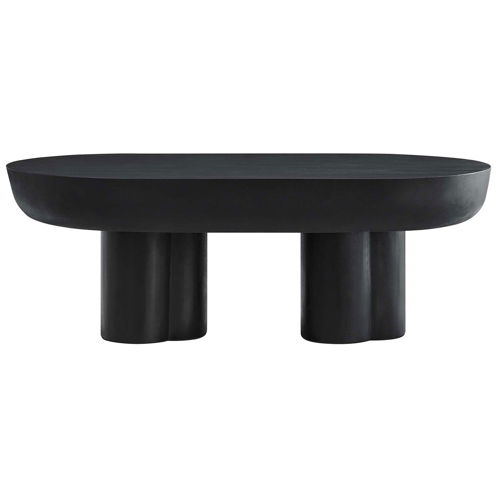 Sleek black oval coffee table with trefoil double pedestal base and concrete overlay finish || EEI-6763-BLK || front_studio