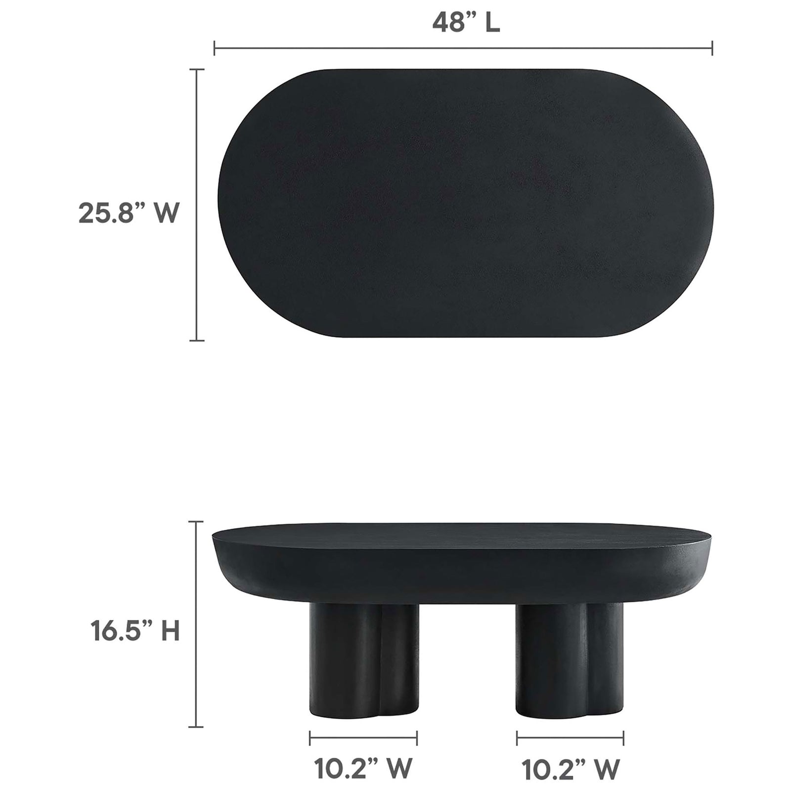 Sized for modern spaces at 48 in by 25.8 in by 16.5 in with a stable double pedestal base || EEI-6763-BLK || dimension_studio