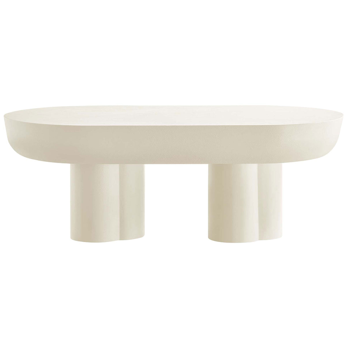Oval coffee table with thick concrete-look top and sculptural trefoil double pedestal base in warm white || EEI-6763-WHI || front_studio