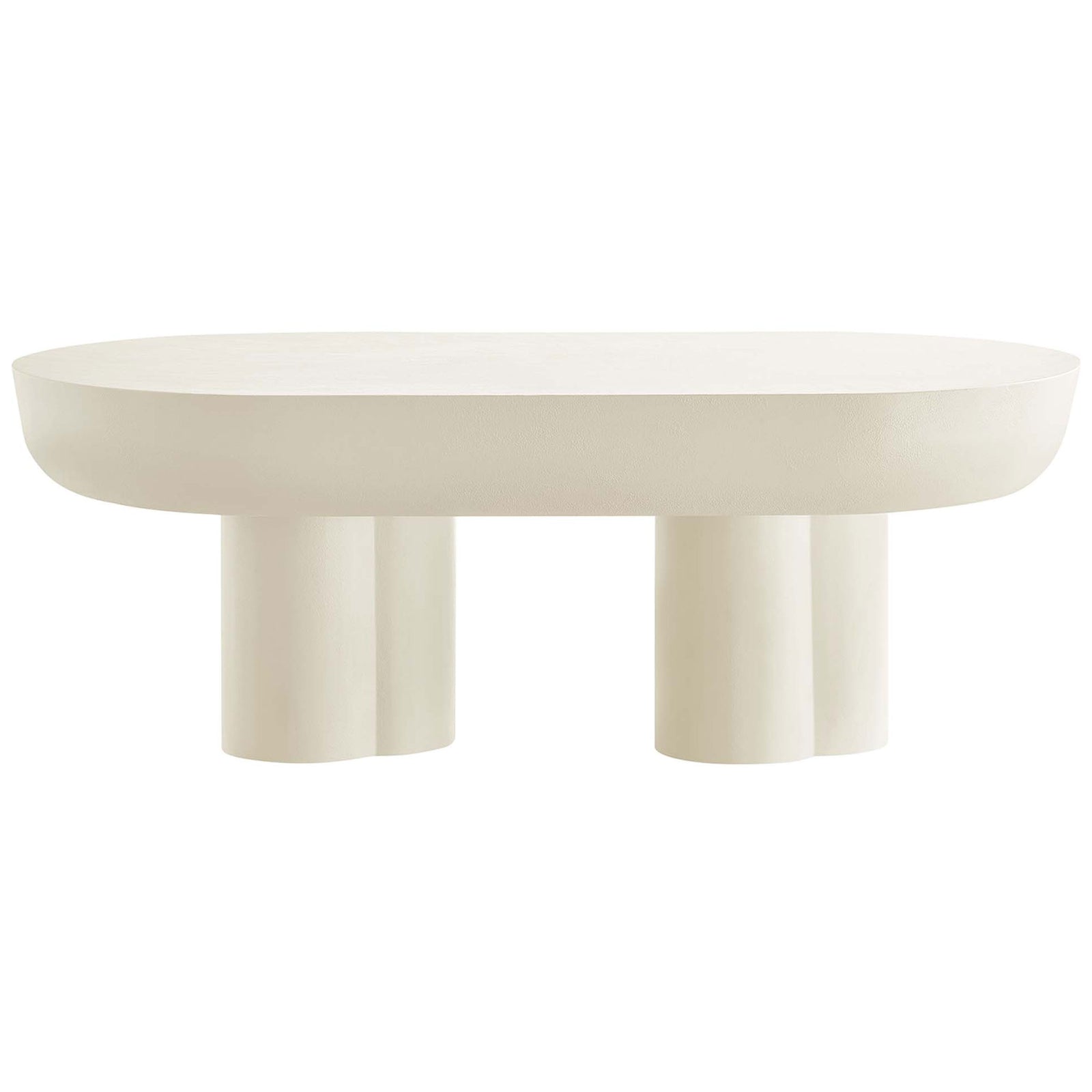 Oval coffee table with thick concrete-look top and sculptural trefoil double pedestal base in warm white || EEI-6763-WHI || front_studio