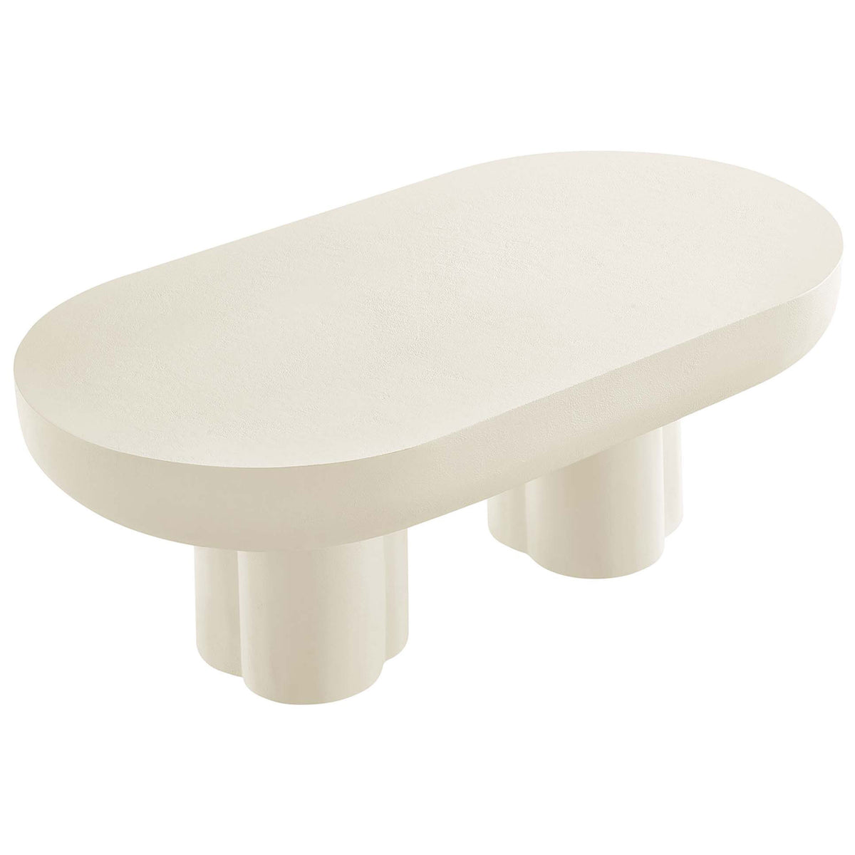 Sleek oval tabletop with subtly textured concrete overlay and rounded edges in a soft white finish || EEI-6763-WHI || top_angle_studio