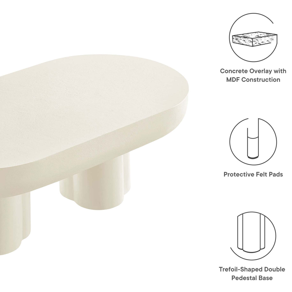Durable MDF with concrete overlay, protective felt pads, and a distinctive trefoil pedestal base || EEI-6763-WHI || callout_studio