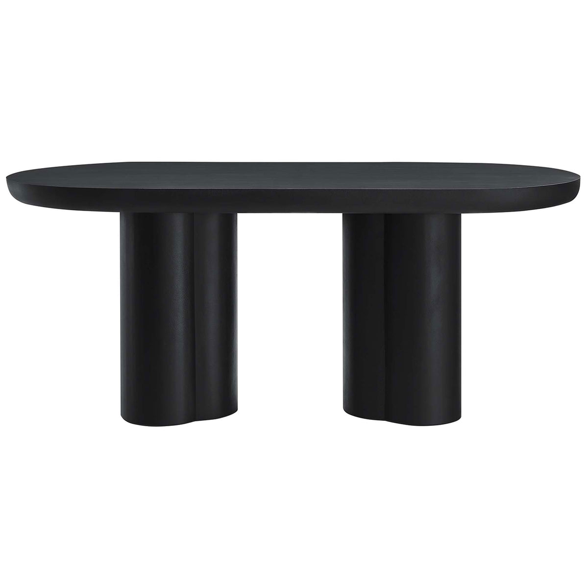 Black oval concrete dining table with sculptural dual pedestal base || EEI-6764-BLK || front_studio