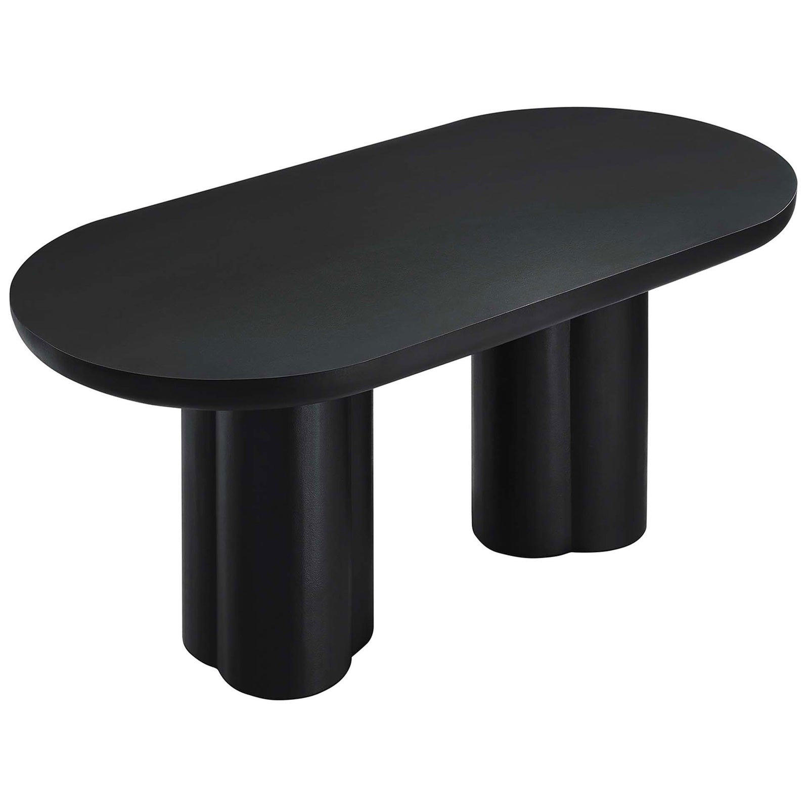 Slim black oval tabletop with rounded edges on a sculptural dual pedestal base || EEI-6764-BLK || top_angle_studio