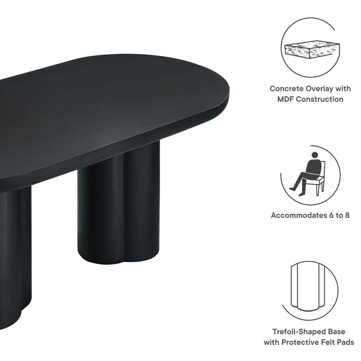 Feature icons highlighting concrete overlay, seating capacity, and protective base pads || EEI-6764-BLK || callout_studio