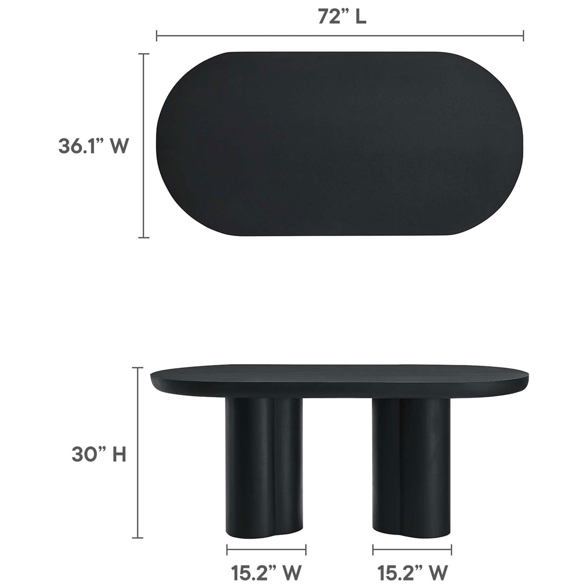 Dimension diagram showing table length, width, height, and pedestal spacing || EEI-6764-BLK || dimension_studio