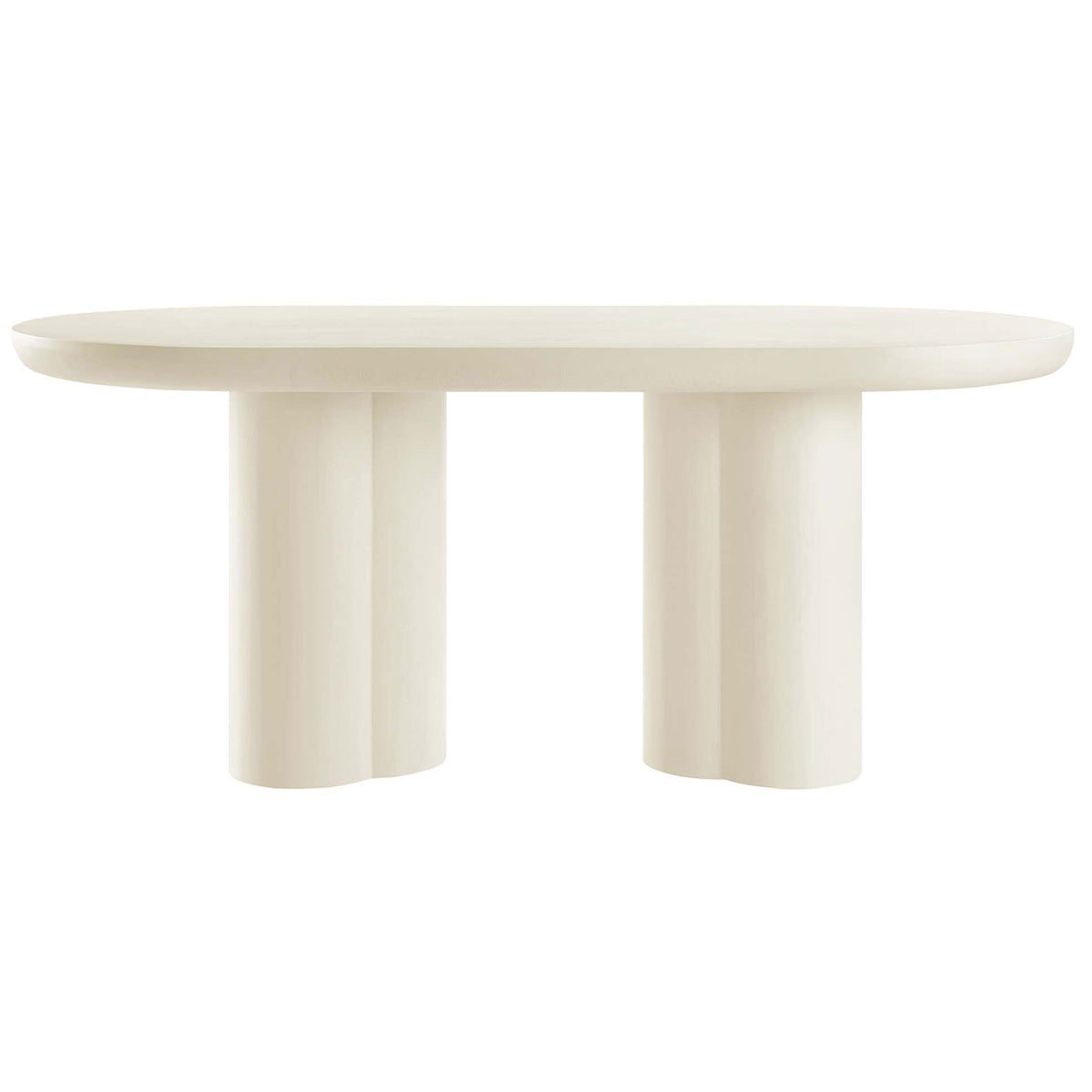 White oval concrete dining table with sculptural trefoil pedestal base || EEI-6764-WHI || front_studio