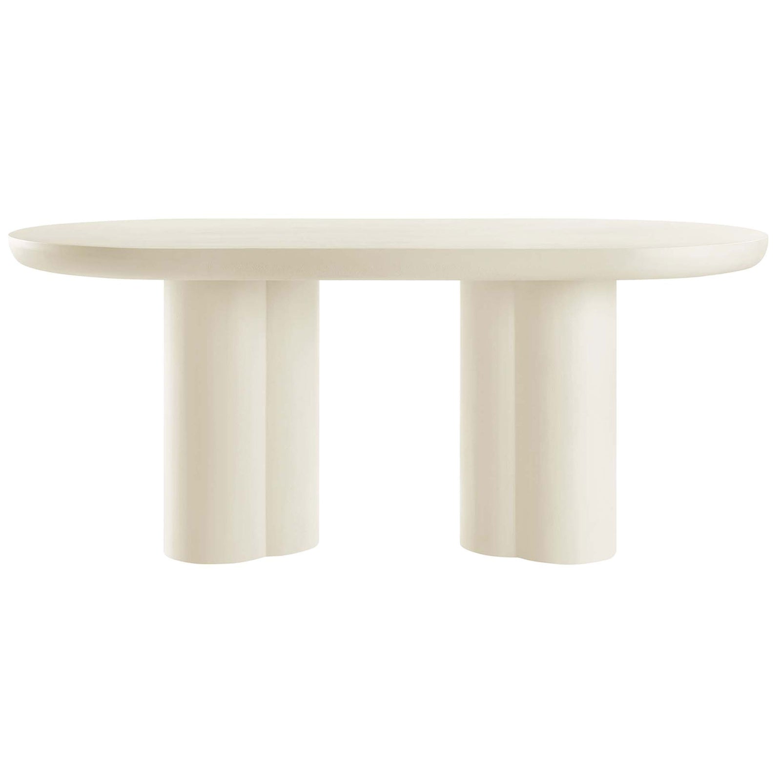 White oval concrete dining table with sculptural trefoil pedestal base || EEI-6764-WHI || front_studio