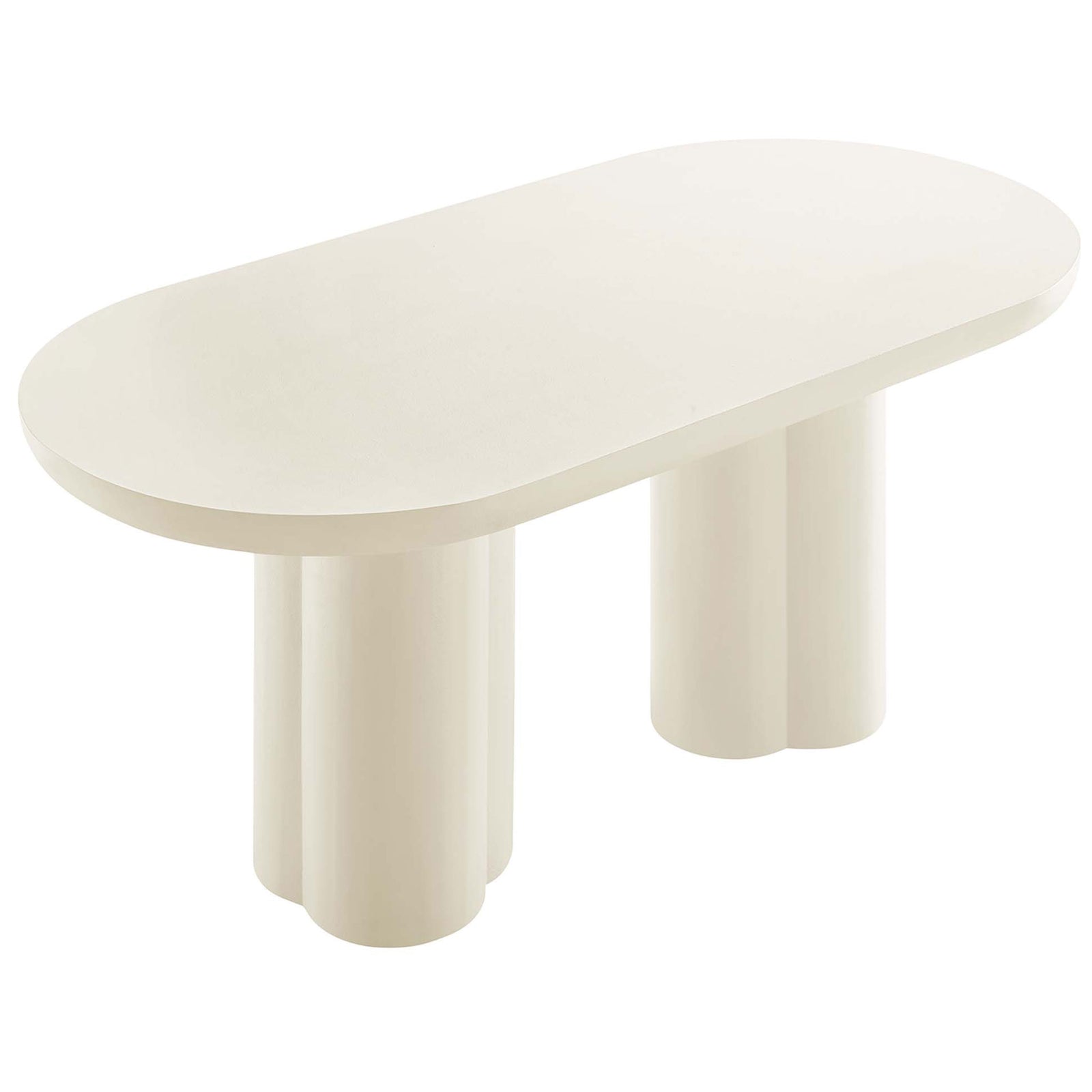 Spacious white oval dining table with textured concrete style top and rounded pedestal columns || EEI-6764-WHI || front_angle_studio