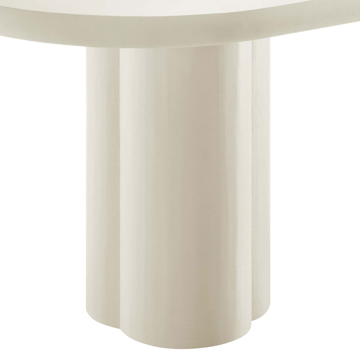 Trefoil shaped cylinder pedestal base showcasing the tables sculptural foundation || EEI-6764-WHI || leg_studio