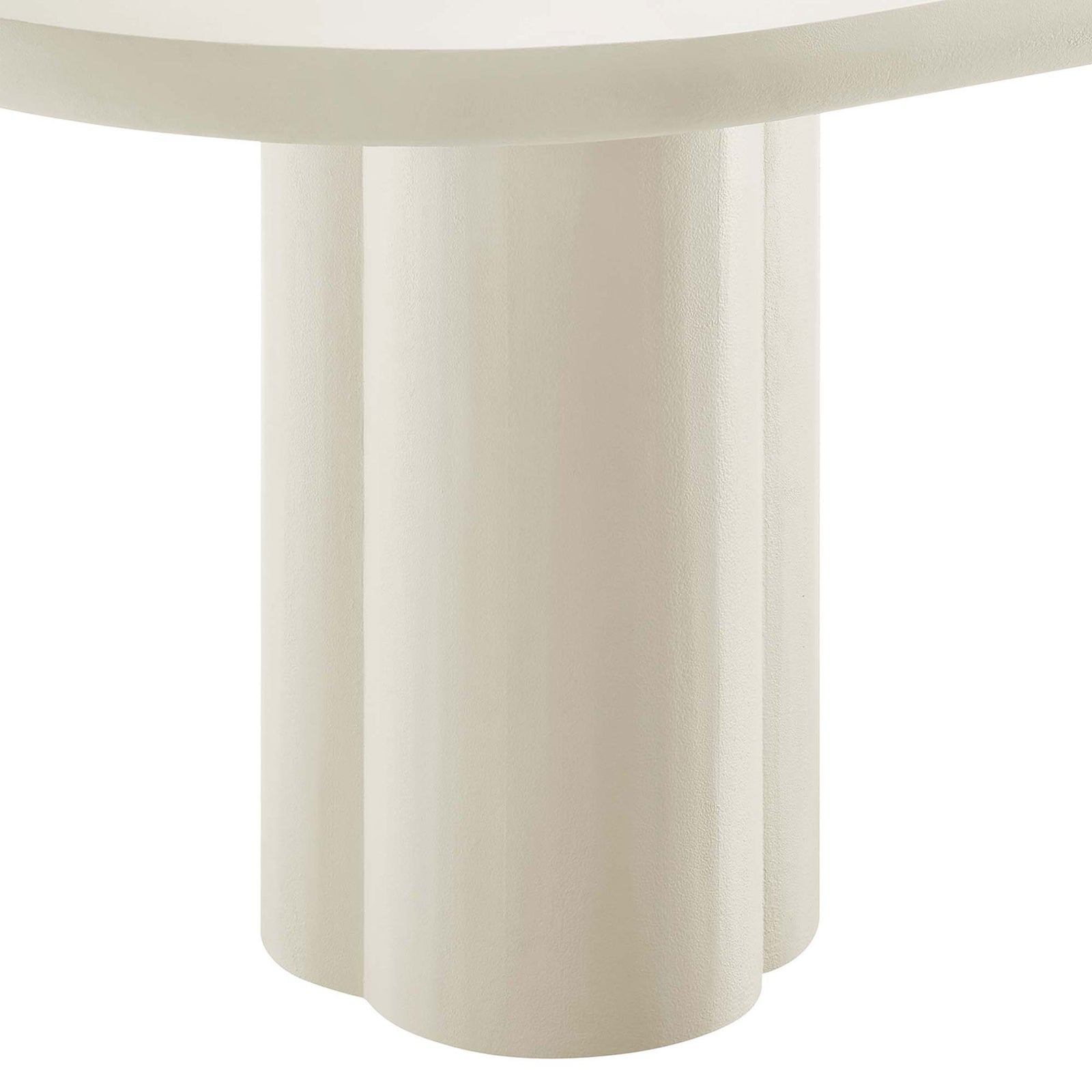 Trefoil shaped cylinder pedestal base showcasing the tables sculptural foundation || EEI-6764-WHI || leg_studio