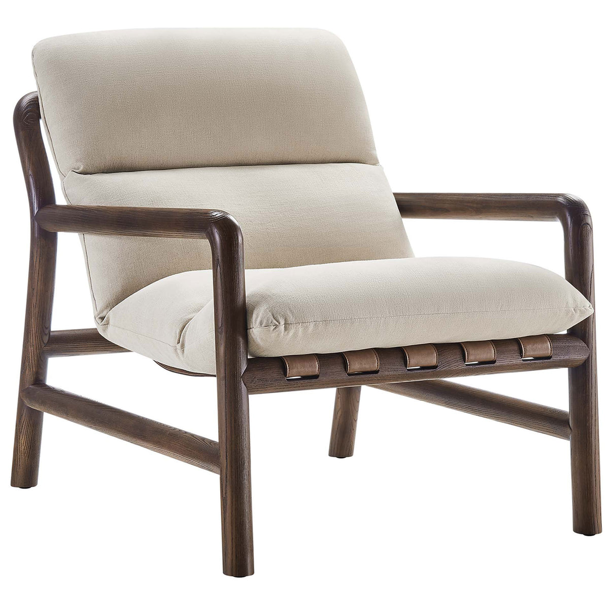 Plush dune fabric cushions pair with a walnut-finished ash frame and vegan leather sling accents. || EEI-6766-DUN-WAL || front_angle_studio