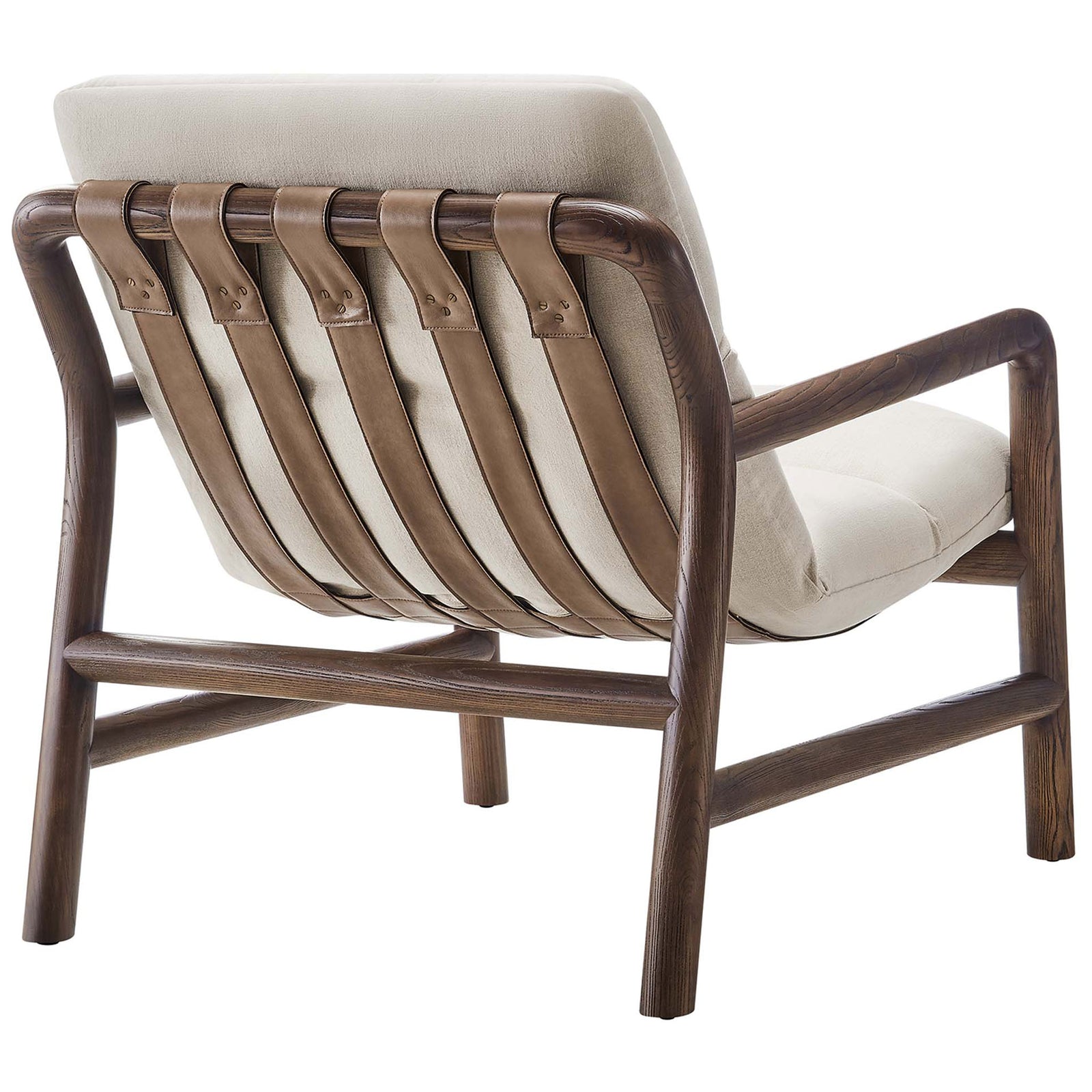 Butterfly-inspired back with wide vegan leather straps adds texture to the rich walnut ash frame. || EEI-6766-DUN-WAL || back_angle_studio
