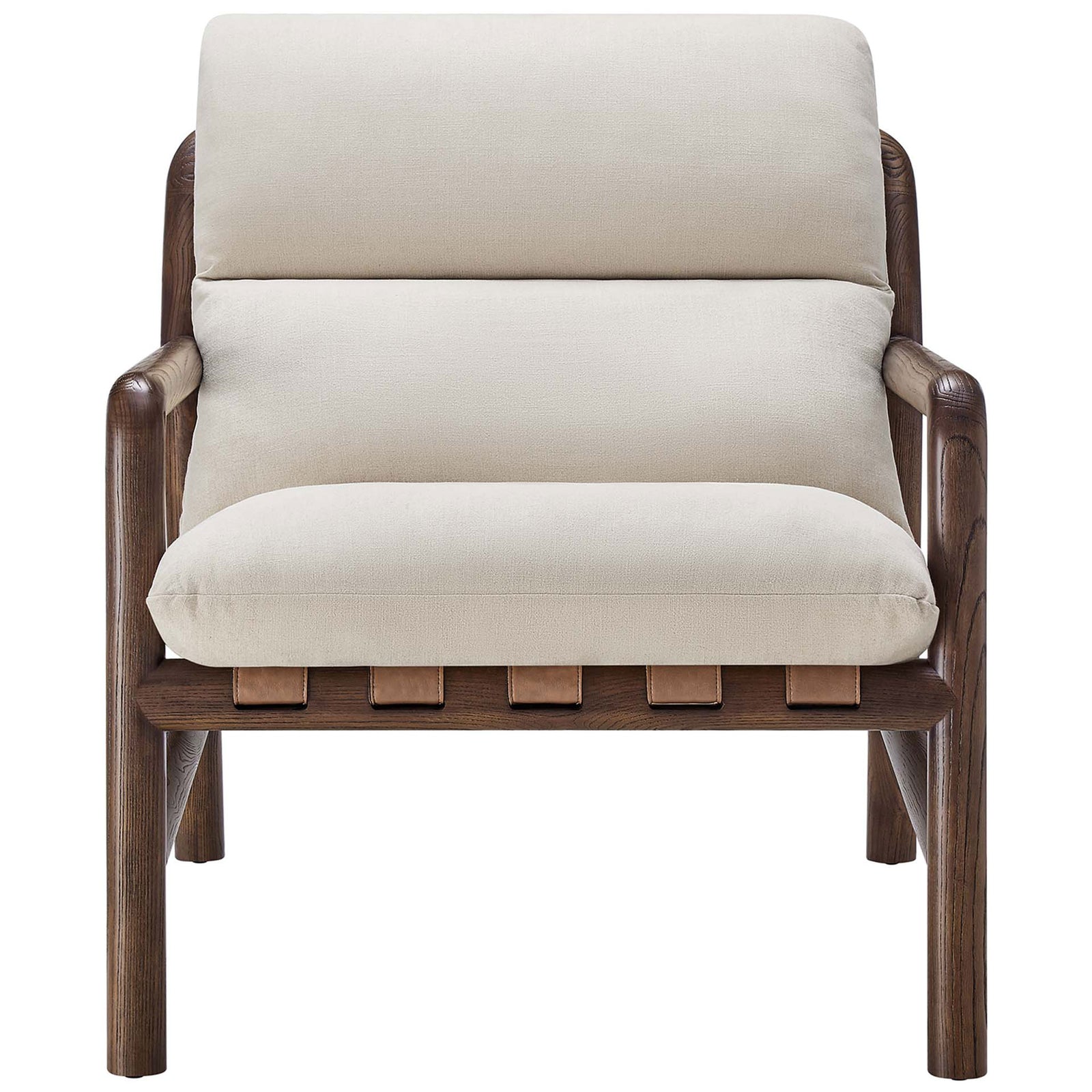 Clean-lined lounge chair with overstuffed dune cushions and a solid ash wood frame in a walnut finish. || EEI-6766-DUN-WAL || front_studio