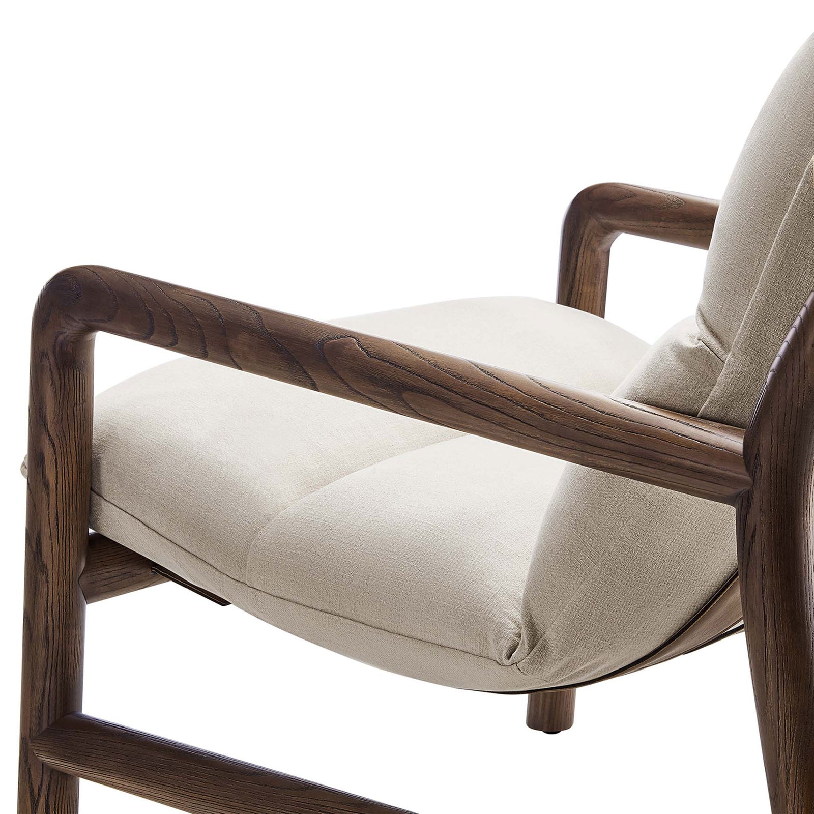Soft dune upholstery and rounded ash wood armrest highlight crafted detail and comfort. || EEI-6766-DUN-WAL || detail_studio