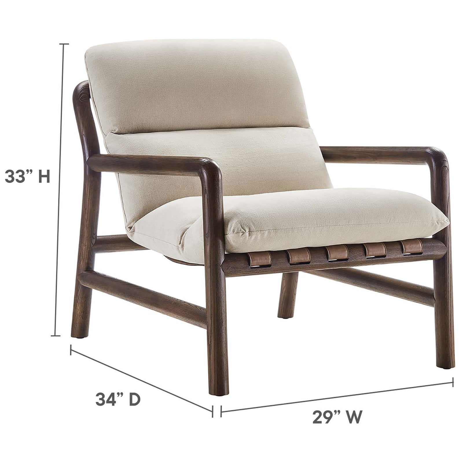 Room-friendly scale with 33 in. height, 29 in. width, and 34 in. depth for relaxed lounging. || EEI-6766-DUN-WAL || dimension_studio