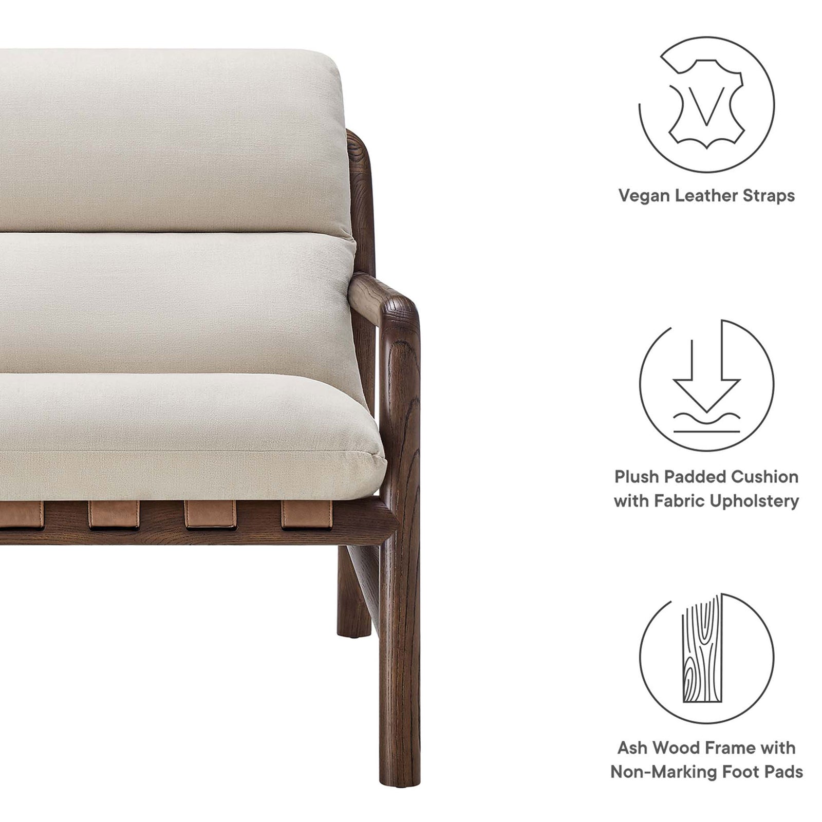 Vegan leather straps, plush padded fabric seat, and ash wood frame with non-marking foot pads. || EEI-6766-DUN-WAL || callout_studio