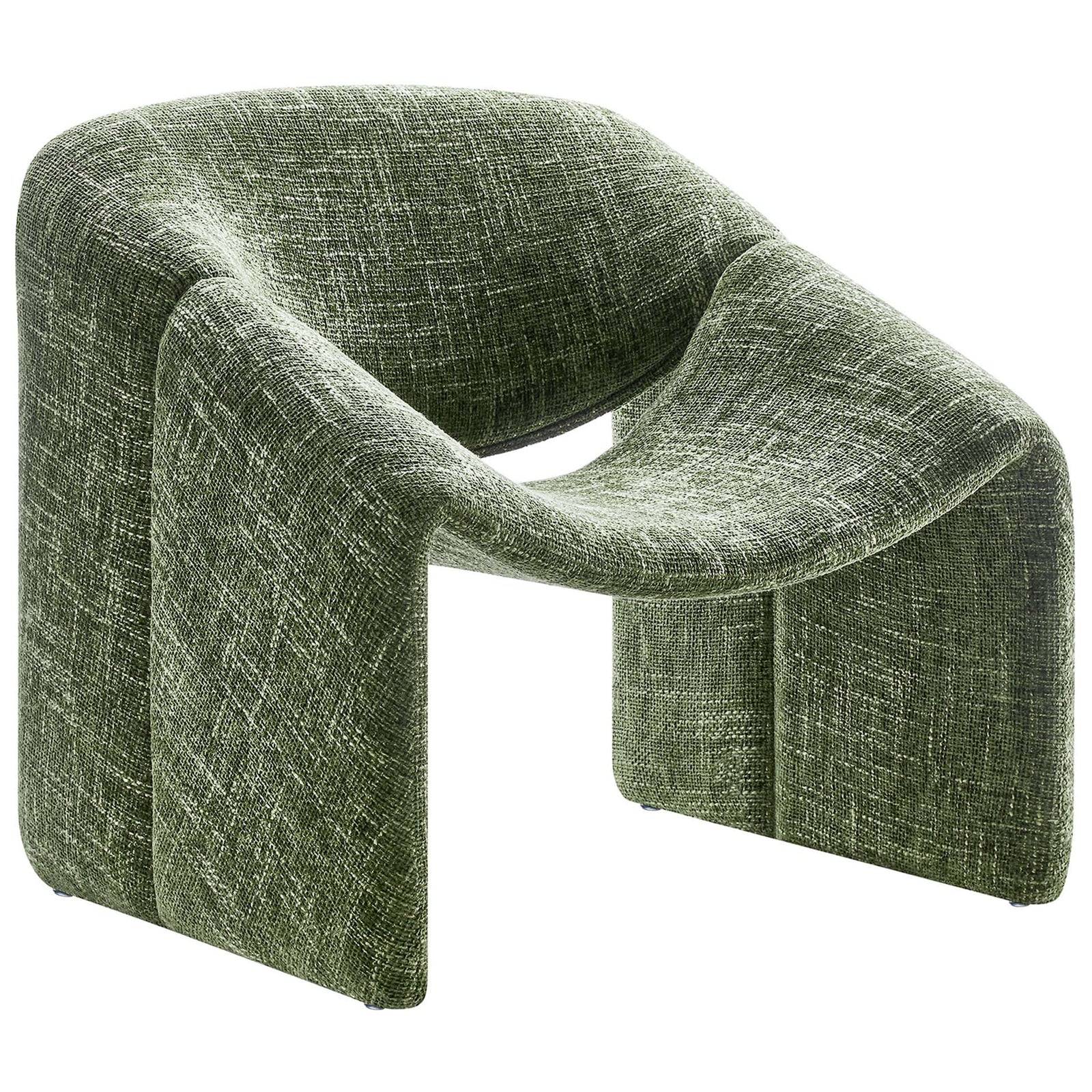 Sculptural basil chenille barrel chair with airy seat cutout and wraparound arms || EEI-6767-BAS || front_angle_studio