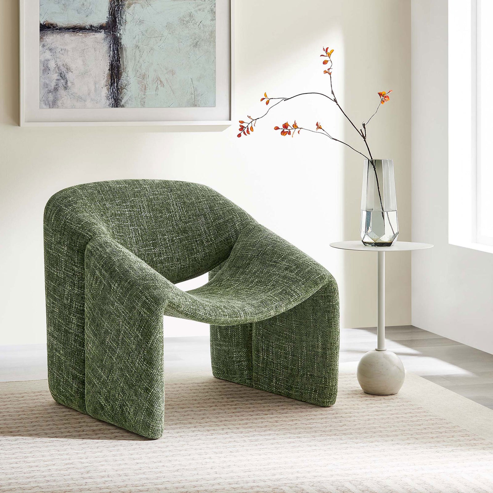 Modern accent chair elevates the room with sculpted curves and cozy chenille fabric || EEI-6767-BAS || front_angle_room