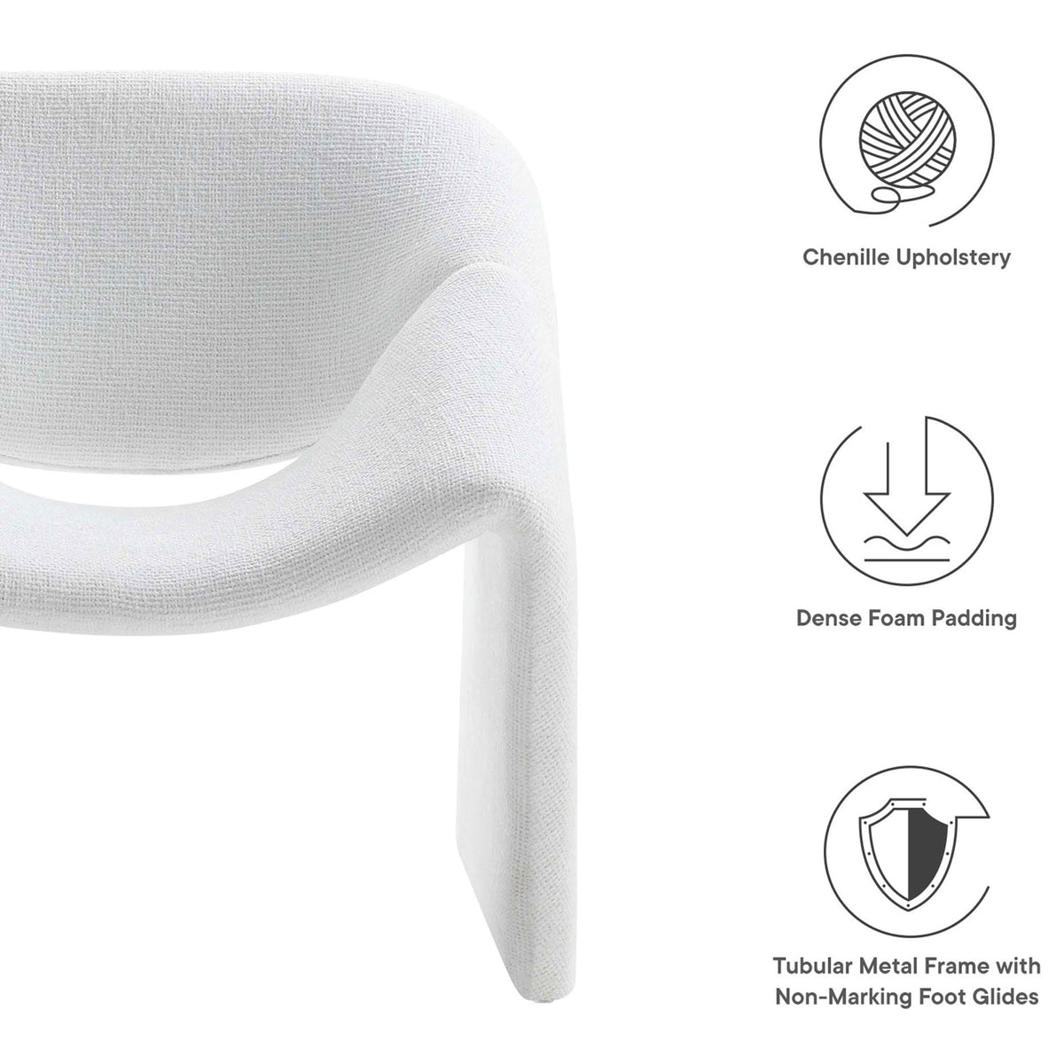 Key features: chenille upholstery, dense foam padding, and non-marking foot glides for floor protection || EEI-6767-FRO || callout_studio