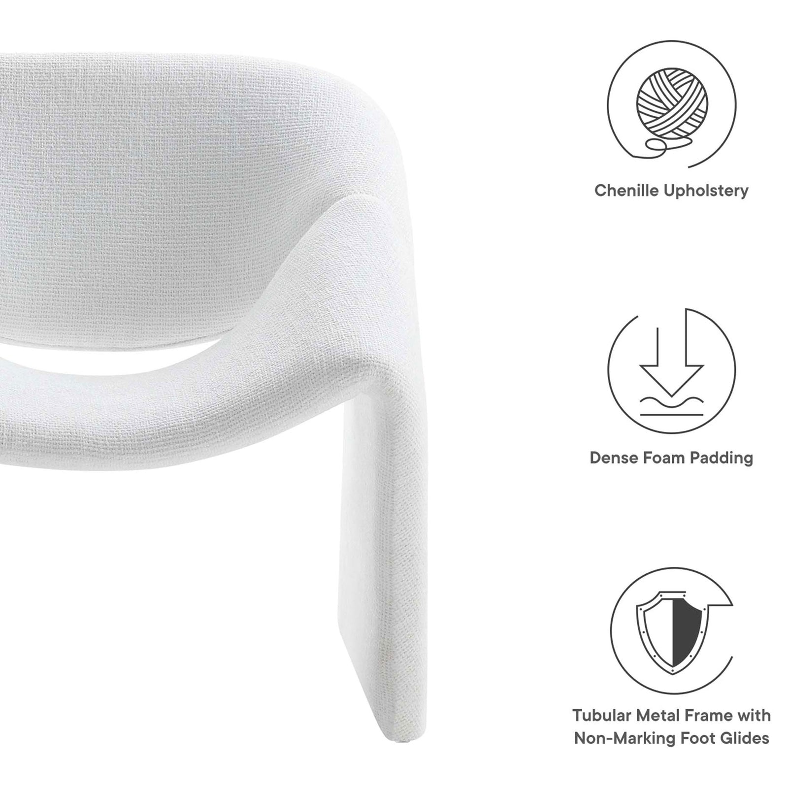 Key features: chenille upholstery, dense foam padding, and non-marking foot glides for floor protection || EEI-6767-FRO || callout_studio