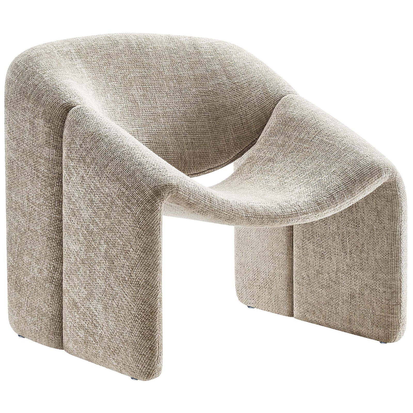 Sculpted barrel chair with sweeping curves and a central cutout, wrapped in cozy khaki chenille. || EEI-6767-KHA || front_angle_studio