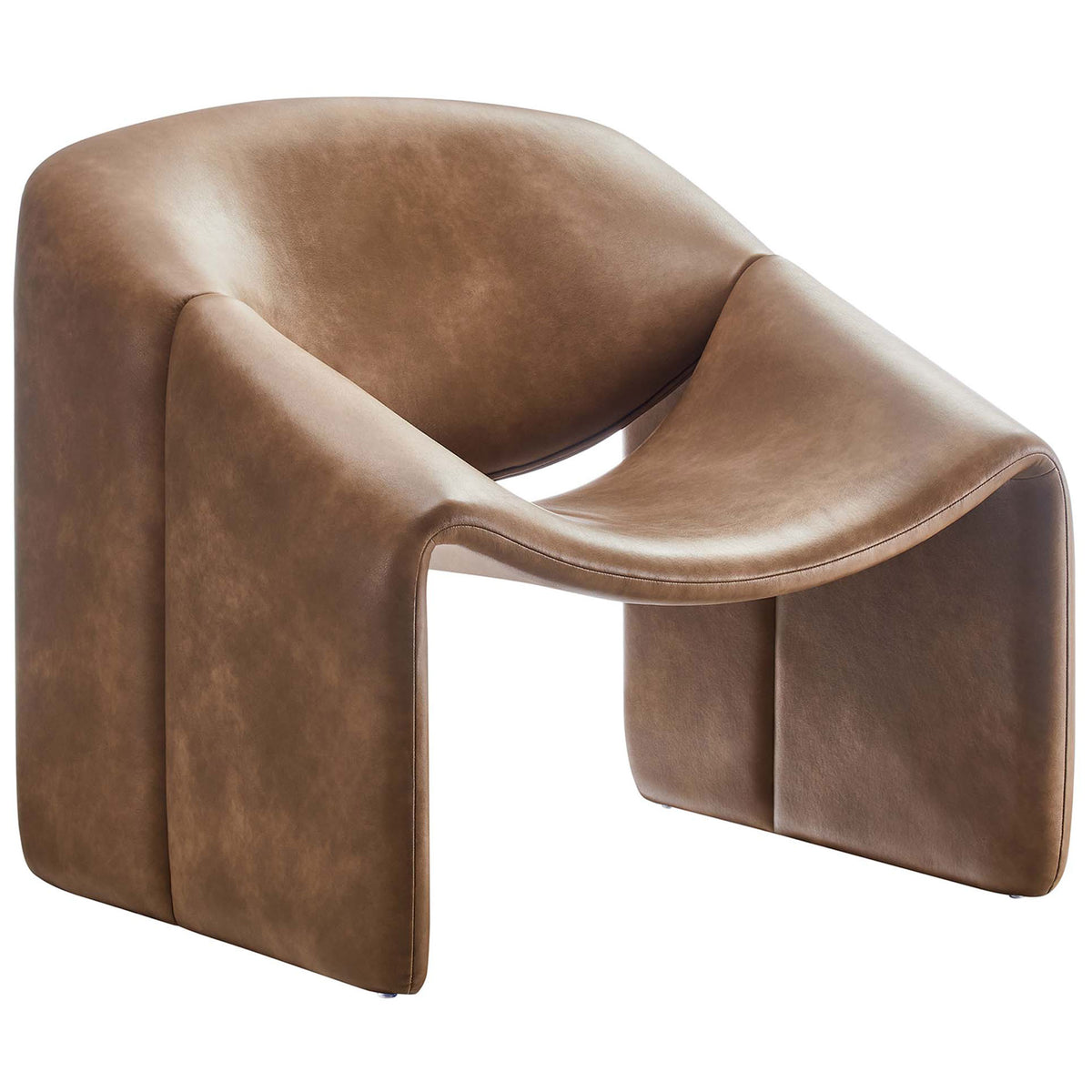 Curved accent chair showcases flowing lines and a contoured seat in brown vegan leather || EEI-6768-BRN || front_angle_studio