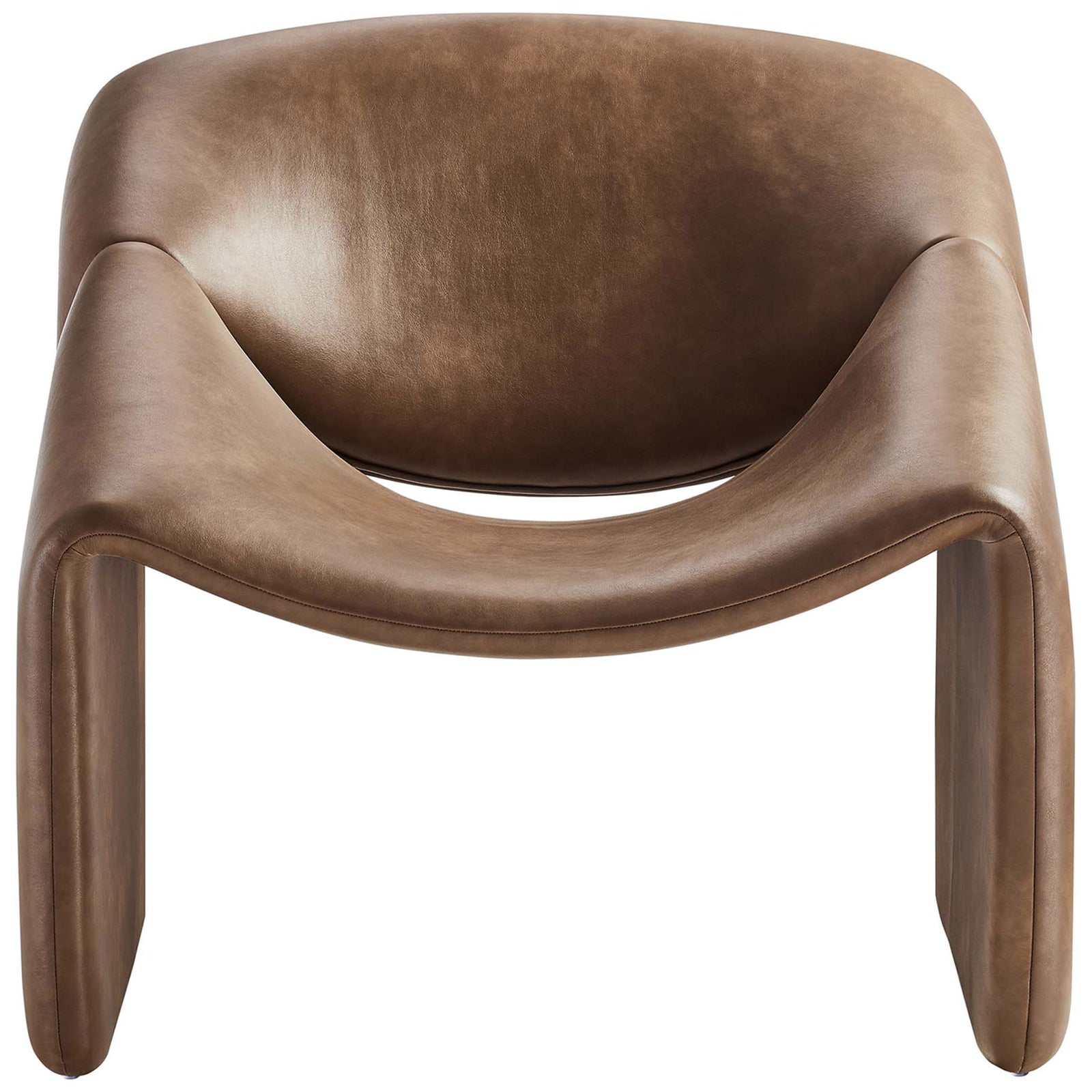 Sculptural barrel chair in rich brown vegan leather with a smooth wraparound seat and airy center cutout || EEI-6768-BRN || front_studio