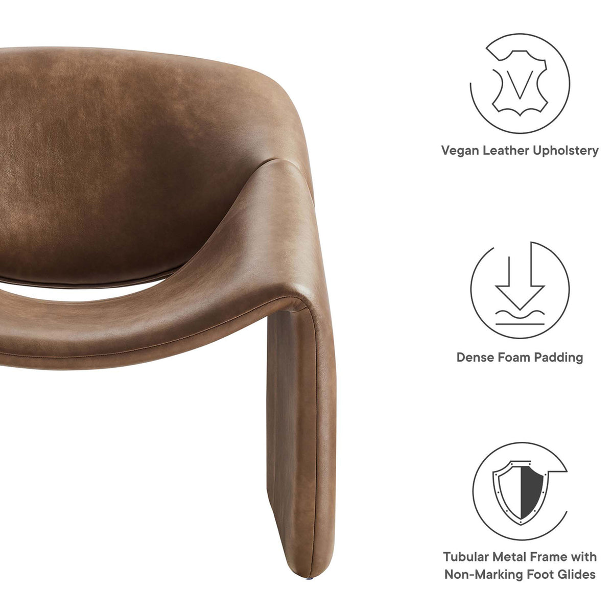 Vegan leather accent chair offers dense foam comfort and non-marking glides for everyday ease || EEI-6768-BRN || callout_studio