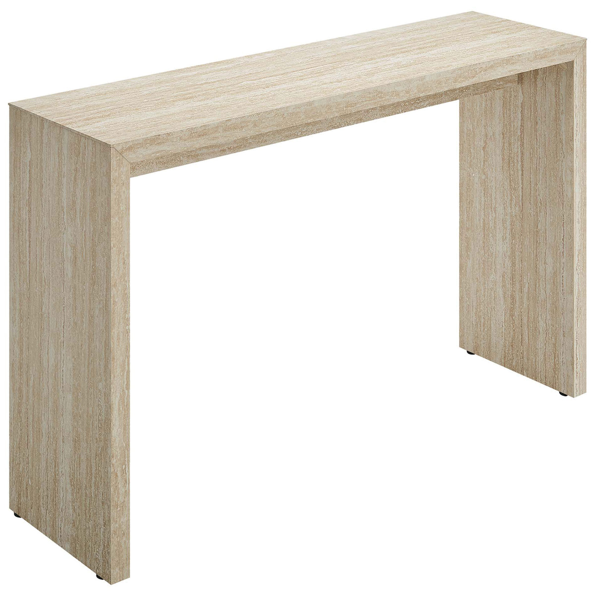 Sleek faux travertine console table showcases a minimalist waterfall profile with durable, easy-care surfaces || EEI-6771-TRA || front_angle_studio