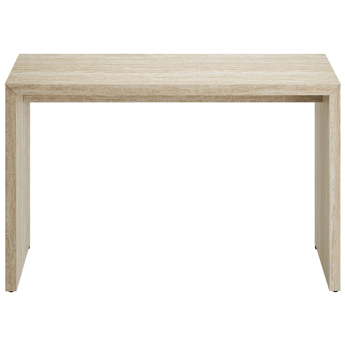 Waterfall console table in faux travertine with a supportive apron and clean lines for modern spaces || EEI-6771-TRA || front_studio