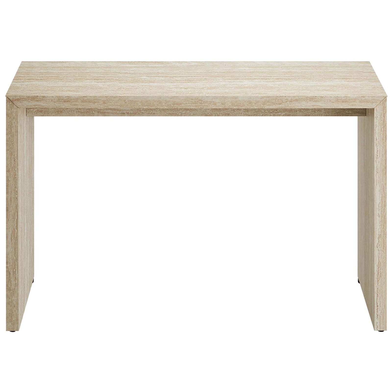Waterfall console table in faux travertine with a supportive apron and clean lines for modern spaces || EEI-6771-TRA || front_studio