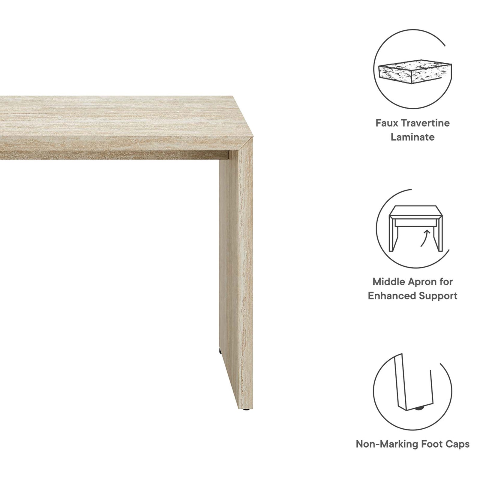 Features faux travertine laminate, a supportive middle apron, and protective non-marking foot caps || EEI-6771-TRA || callout_studio