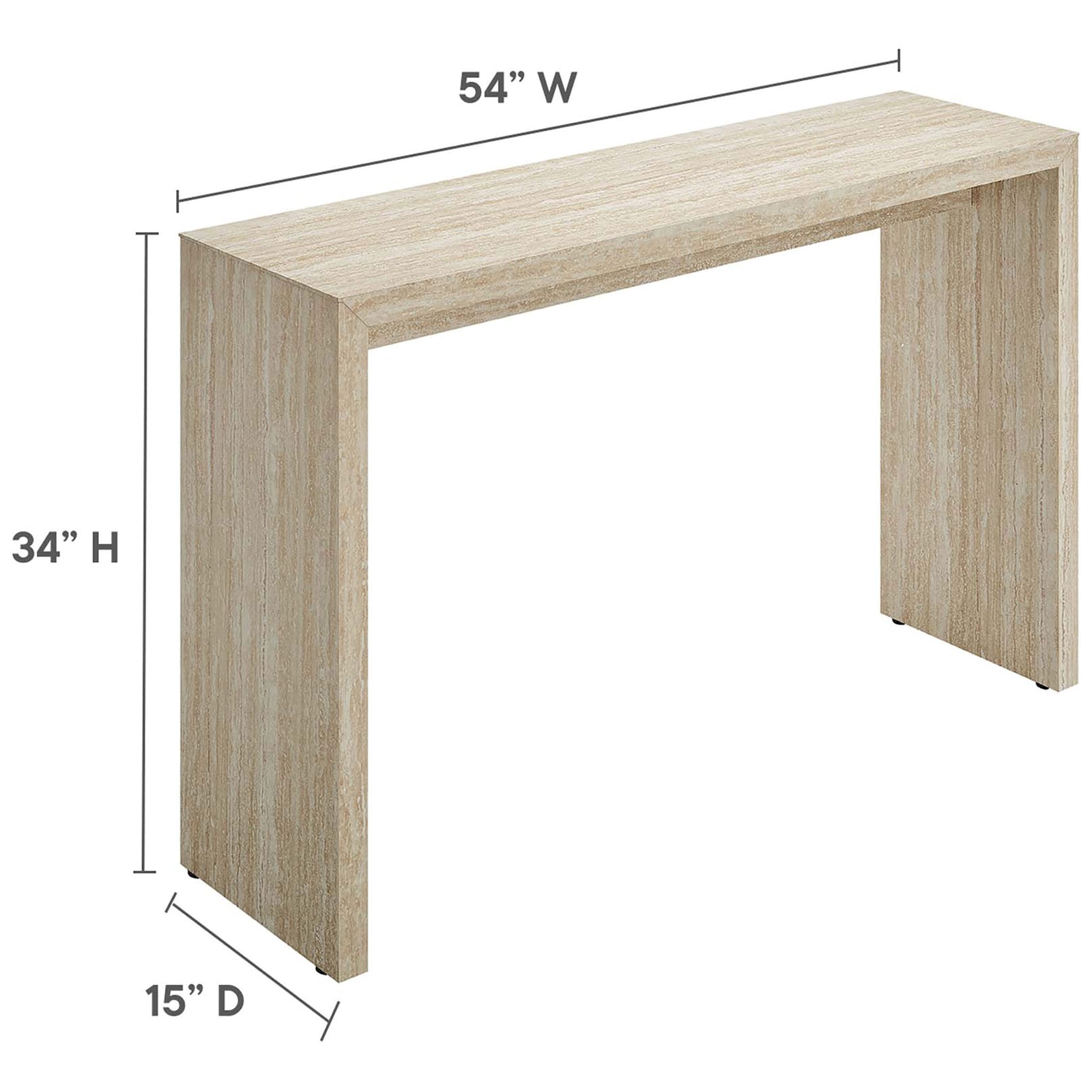 Measures 54 in W x 15 in D x 34 in H to fit entryways with ample display space and legroom beneath || EEI-6771-TRA || dimension_studio