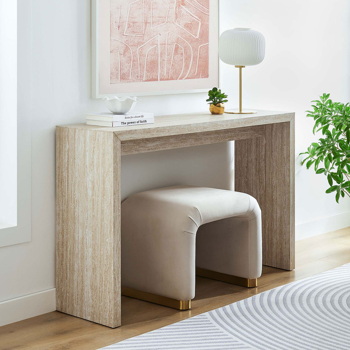 Warm travertine console table anchors an entry with generous surface space and sturdy, supportive design || EEI-6771-TRA || front_room