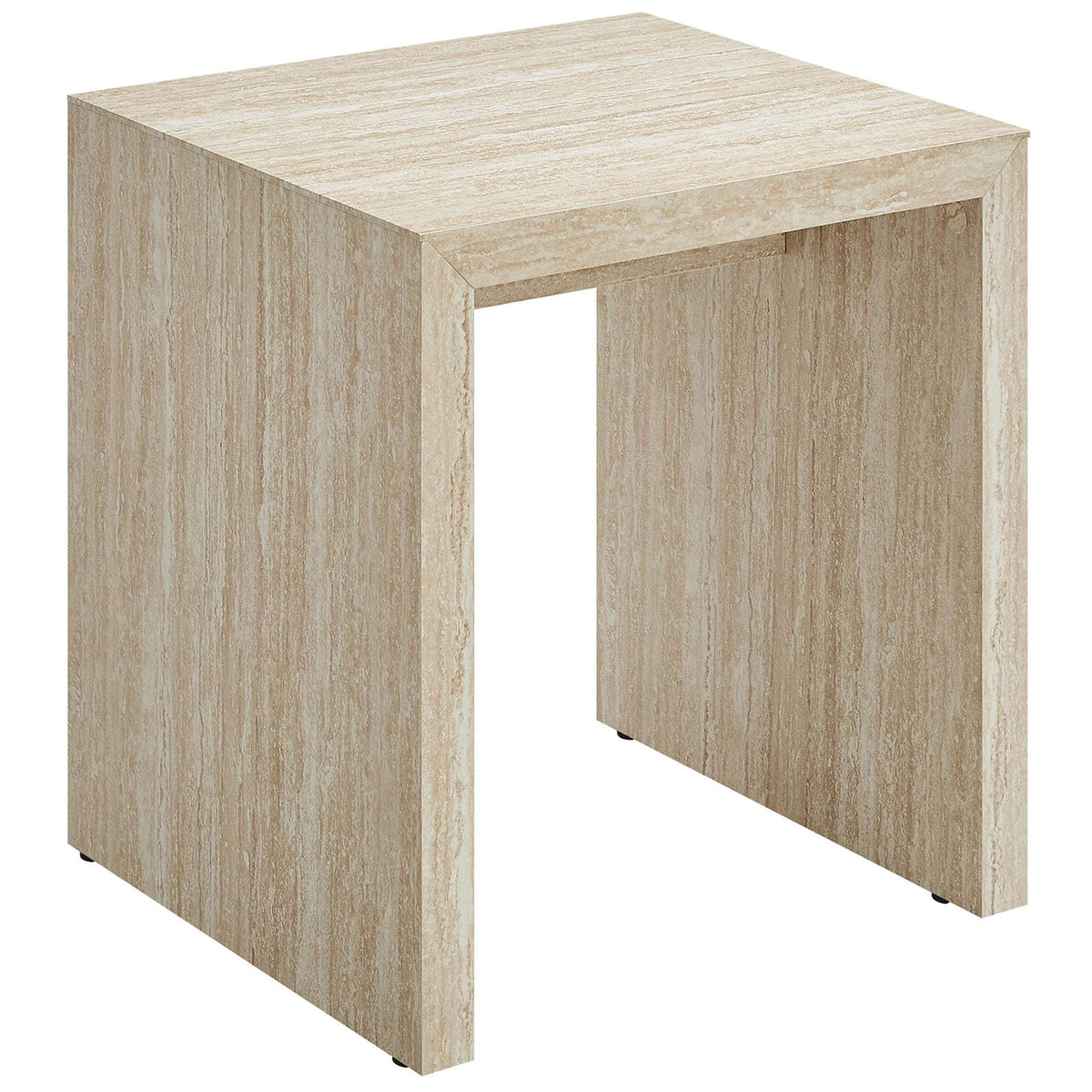 Modern faux travertine side table with waterfall legs and clean lines for versatile accent styling || EEI-6772-TRA || front_angle_studio