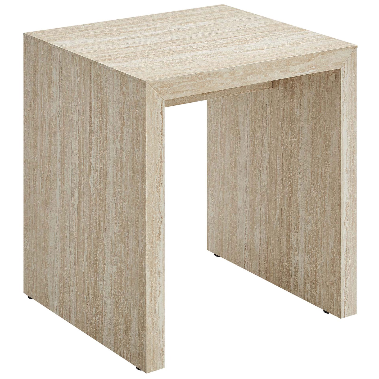 Modern faux travertine side table with waterfall legs and clean lines for versatile accent styling || EEI-6772-TRA || front_angle_studio