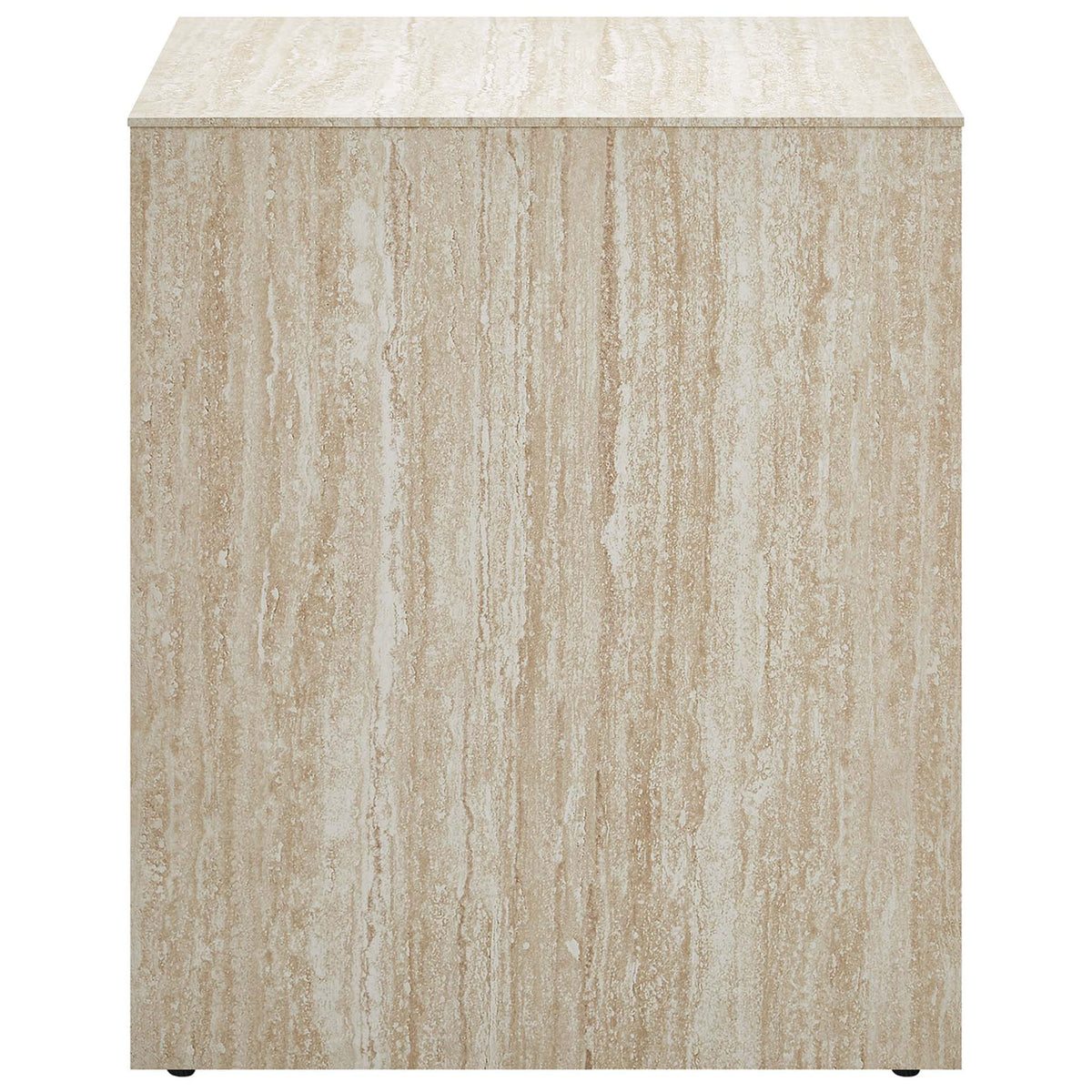 Faux travertine end table featuring a smooth waterfall panel with warm natural look veining and subtle texture || EEI-6772-TRA || side_studio