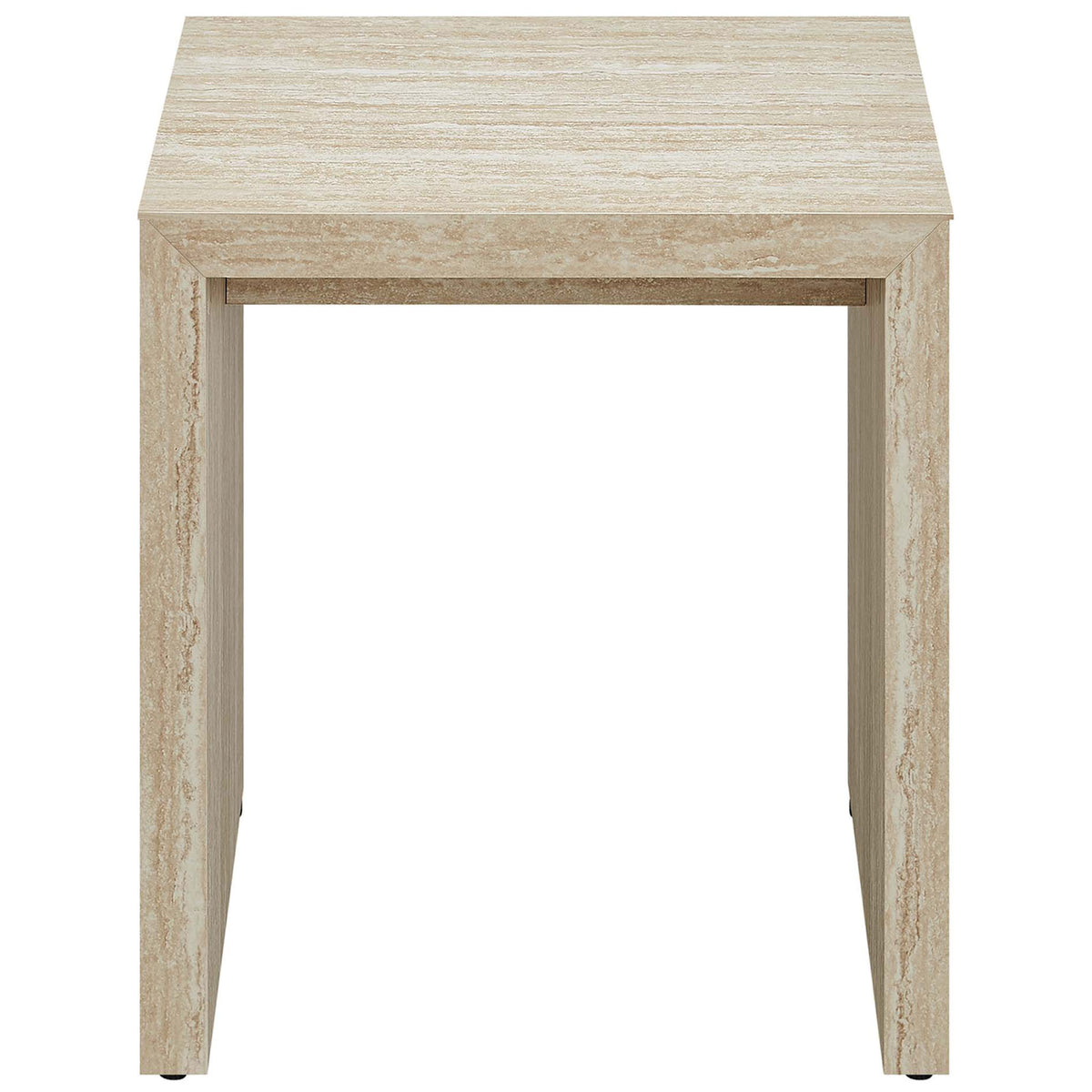 Faux travertine side table with open leg space and a middle apron for a crisp, modern silhouette || EEI-6772-TRA || front_studio