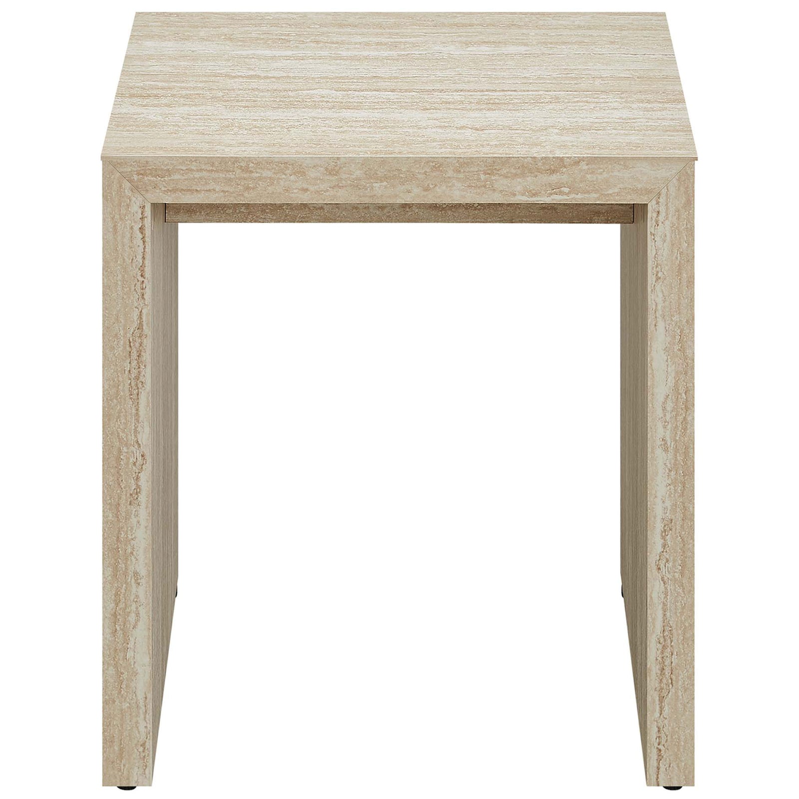 Faux travertine side table with open leg space and a middle apron for a crisp, modern silhouette || EEI-6772-TRA || front_studio