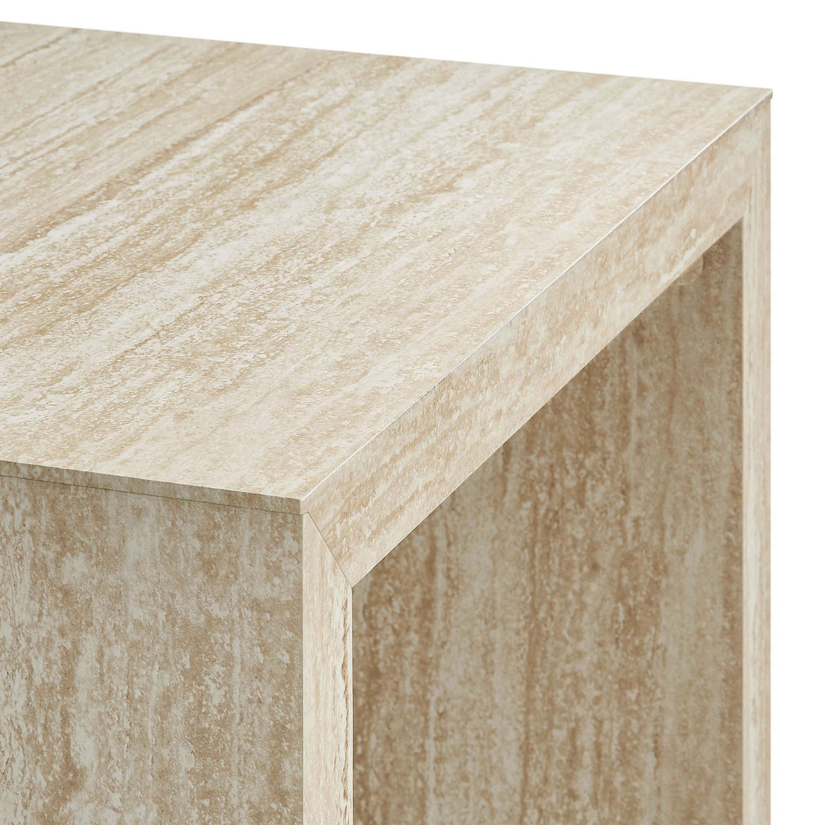 Refined mitered edges and realistic faux travertine grain add depth and texture to this side table || EEI-6772-TRA || detail_studio